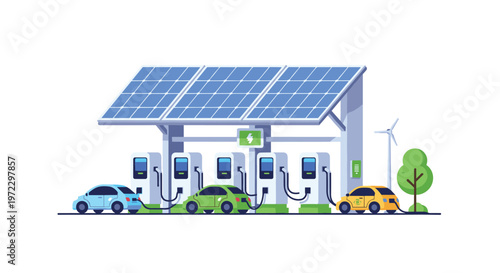 Three vibrant electric cars in blue green and yellow shades charge at a modern station powered by a large blue solar panel array and a wind turbine.