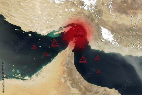 Strait of Hormuz. Middle East Maritime Warning Map. Elements of this image furnished by NASA.