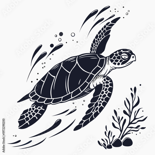 Vintage sea turtle vector illustration, black and white marine life engraving, swimming green turtle with coral and bubbles, nautical ocean animal art