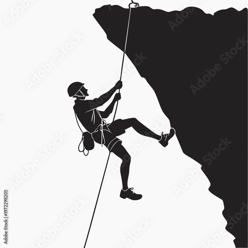 Rock climber silhouette rappelling down steep mountain cliff, extreme sports athlete with climbing gear, outdoor adventure vector illustration
