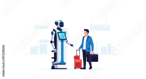 An advanced humanoid concierge robot with vibrant blue accents provides directions to a professional businessman holding a red suitcase and a black briefcase.