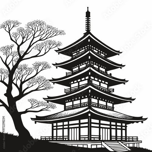 Japanese pagoda vector illustration, traditional oriental temple architecture with cherry blossom tree, black and white asian landscape design