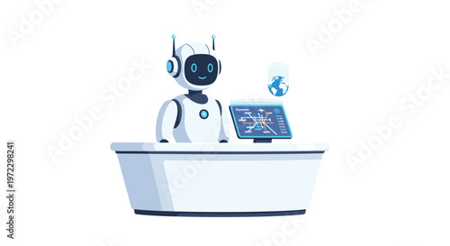 A sleek white service robot stands behind a modern information desk featuring a digital map screen and a floating blue holographic globe icon prominently.