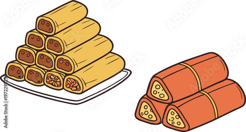 vector illustration sauces and spring rolls.