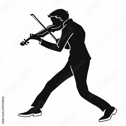 Violinist silhouette vector illustration, male musician playing violin in dynamic pose, black and white classical music performer icon