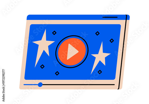 Hand drawn cute illustration of video player in browser. Flat vector interface window with play button doodle. Cinema or television online sticker. Streaming movie watching. Isolated.