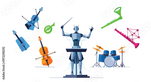A sophisticated grey robot conductor leads an invisible orchestra of floating colorful musical instruments including violins and drums in a vibrant digital art piece.