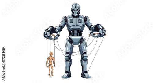 A powerful and detailed silver metallic robot stands dominantly while controlling a small wooden artist mannequin through complex strings and crossbars.