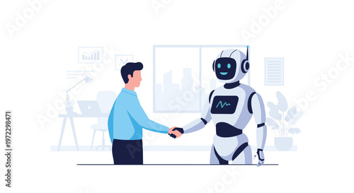 A professional man in a blue shirt and dark trousers shakes hands with a friendly white humanoid robot in a bright and modern minimalist office space.