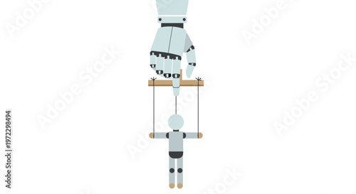 A massive mechanical robotic hand exerts control over a smaller humanoid figure by manipulating a wooden marionette crossbar with thin black strings.