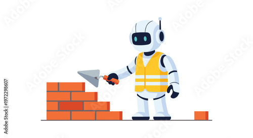 A sophisticated white construction robot wearing a yellow safety vest carefully uses a metal trowel to build a sturdy red brick wall on a white surface.