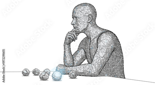 A detailed wireframe 3D model of a pensive man sits at a table while contemplating several crumpled paper balls illuminated by a soft blue light source.