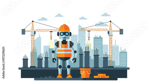 A sleek humanoid construction robot wearing a high-visibility orange vest stands on a dark platform against a backdrop of city skyscrapers and cranes.