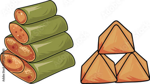 vector illustration sauces and spring rolls.