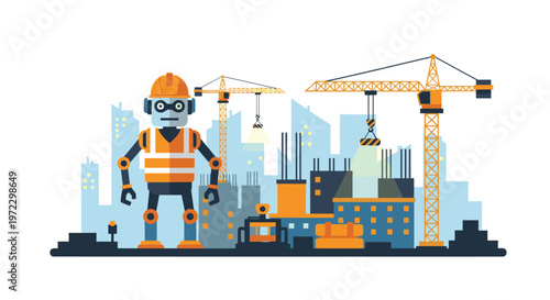 A sturdy industrial robot wearing a bright orange safety vest and protective hard hat stands amidst a sprawling construction site with towering cranes.