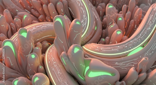 Abstract Coral Formation in Pastel Peach Tones with Luminous Green Accents