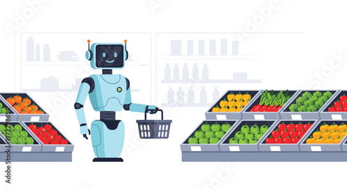 A friendly blue robot with a smiling digital face holds a black shopping basket while navigating between organized crates of vibrant fresh vegetables.