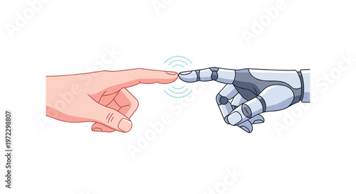 A pristine human hand and a detailed mechanical robotic hand extend toward each other to touch fingertips amidst glowing concentric blue circular ripples.
