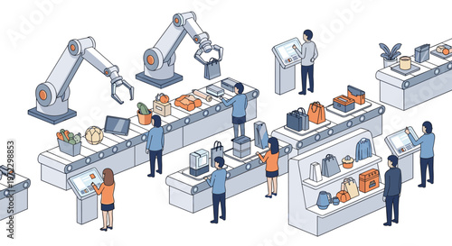 A detailed isometric illustration depicts a bustling modern warehouse environment where sophisticated robotic arms and human workers manage various conveyor belts.