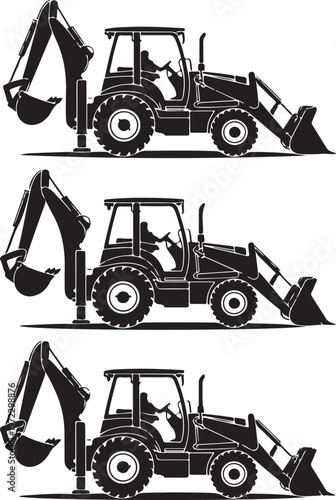 Three views of a backhoe loader in operation with different arm positions