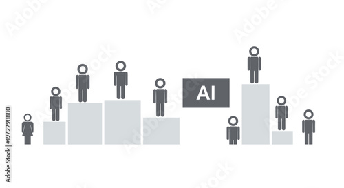 Stylized gray human figures stand atop light gray bar charts of varying heights positioned around a central dark gray block labeled with white AI text.