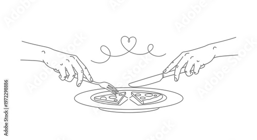 Cutting pizza, sharing food, hands serving, romantic dinner, vector illustration isolated on White Background