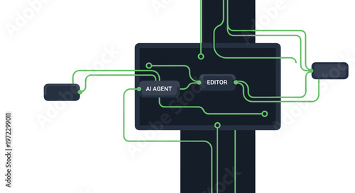 Vibrant green circuit lines weave across a dark background to connect specialized nodes labeled as artificial intelligence agent and digital content editor.