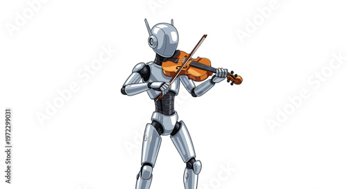A polished silver humanoid robot stands elegantly while playing a traditional wooden violin with precision against a pristine white studio background.