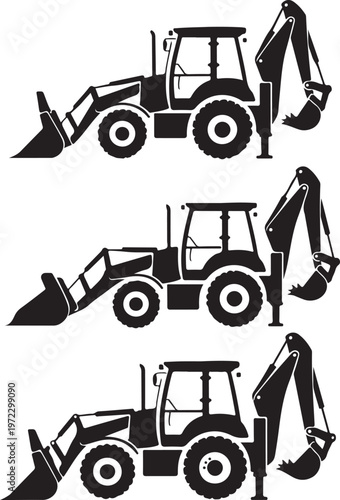 Three views of a backhoe loader in action with its bucket and arm extended