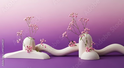 Abstract white sculptural forms with delicate pink flowers on a vibrant purple gradient background, creating a minimalist and artistic composition.