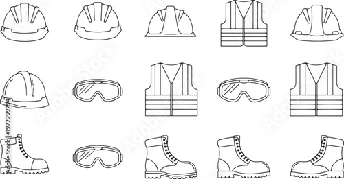 Safety personal protective equipment icons set featuring construction hard hats high visibility vests safety goggles and leather working boots line.
