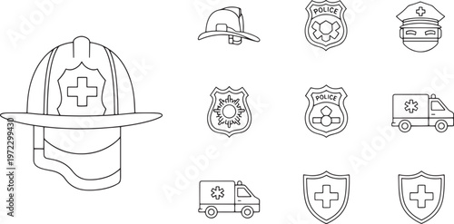 Emergency services and first responder icons set with firefighter helmet police badges ambulance vehicles and medical crosses for public safety aid.