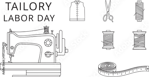 Tailory labor day background, collection of linear icons representing the art of tailoring, including sewing machines, fabric, and tools.