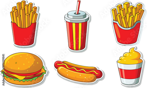 A vector-style cartoon illustration showing five classic fast food and sandwich items vector.