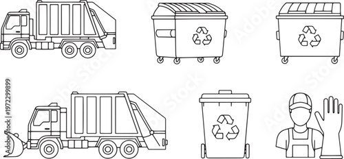Garbage collection and waste management equipment, including garbage trucks, recycling bins, and worker uniform with gloves on transparent background.
