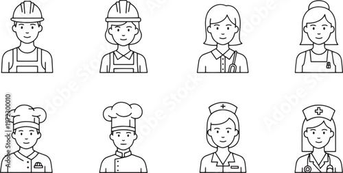 Diverse professions characters set featuring construction workers chefs nurses and medical staff in linear style avatar icons for career and labor.