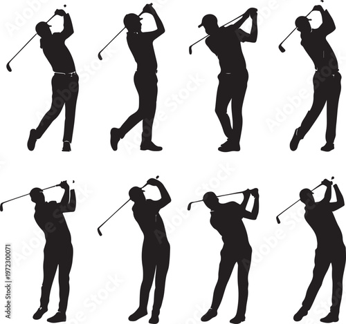 Illustrated sequence of a golfer’s swing technique in action