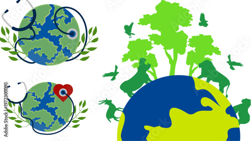 One Health concept vector set, global planet earth with stethoscope and medical heart, wildlife animals and forest ecosystem conservation icons