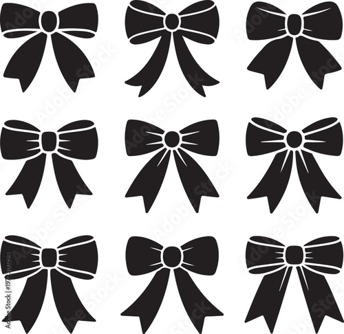 Nine elegant black and white bow designs for various gift wrapping or decorative uses