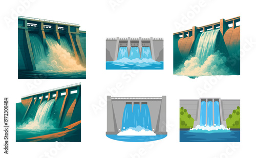 Hydroelectric dam vector set, industrial water reservoir collection with 6 elements, renewable energy power plant illustrations for sustainable infrastructure