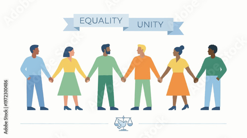 human rights concept, diverse people holding hands, equality and unity theme, modern minimal style, clean white background