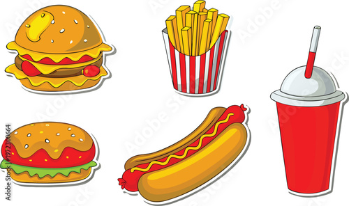 A vector-style cartoon illustration showing five classic fast food and sandwich items vector.