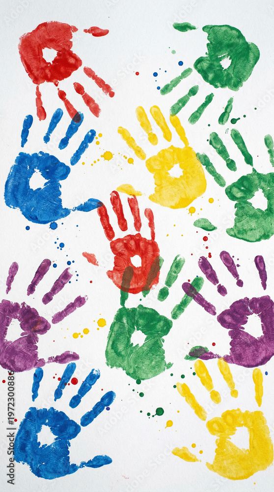 Fototapeta premium Colorful handprints on white surface for fun and learning