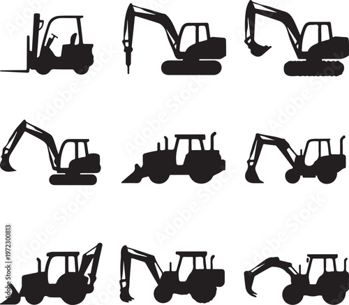 Diverse collection of heavy-duty construction excavators in various positions