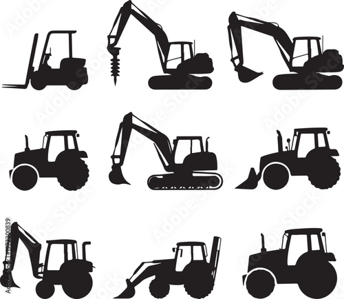 Collection of heavy construction and farming machinery silhouettes