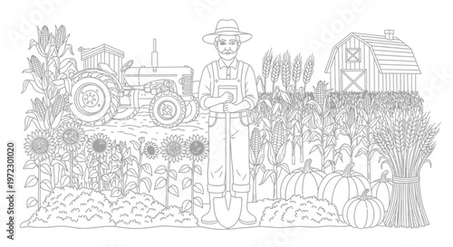 Farmer with Tractor and Barn, Rural Harvest Scene, Organic Farming Illustration