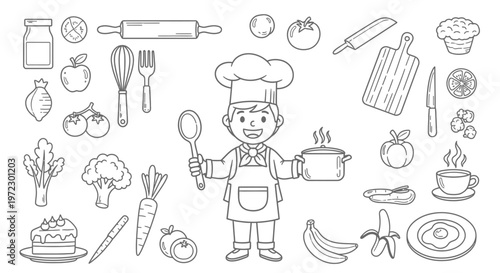 Happy Cartoon Chef Character with Cooking Utensils and Ingredients