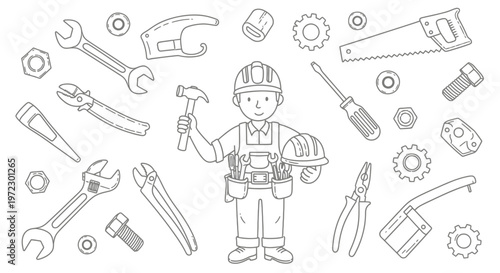 Handyman with Tools, Construction Worker, DIY Vector Art