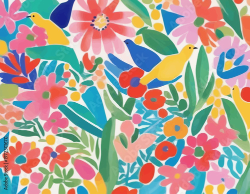 Yellow and blue birds sitting amid vibrant colorful flowers blooming densely in summer garden painted in primitive childish way; vector with AI-generated watercolor effect for joyful designs