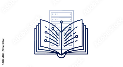 Open book with data lines and server icon illustration for technology concept